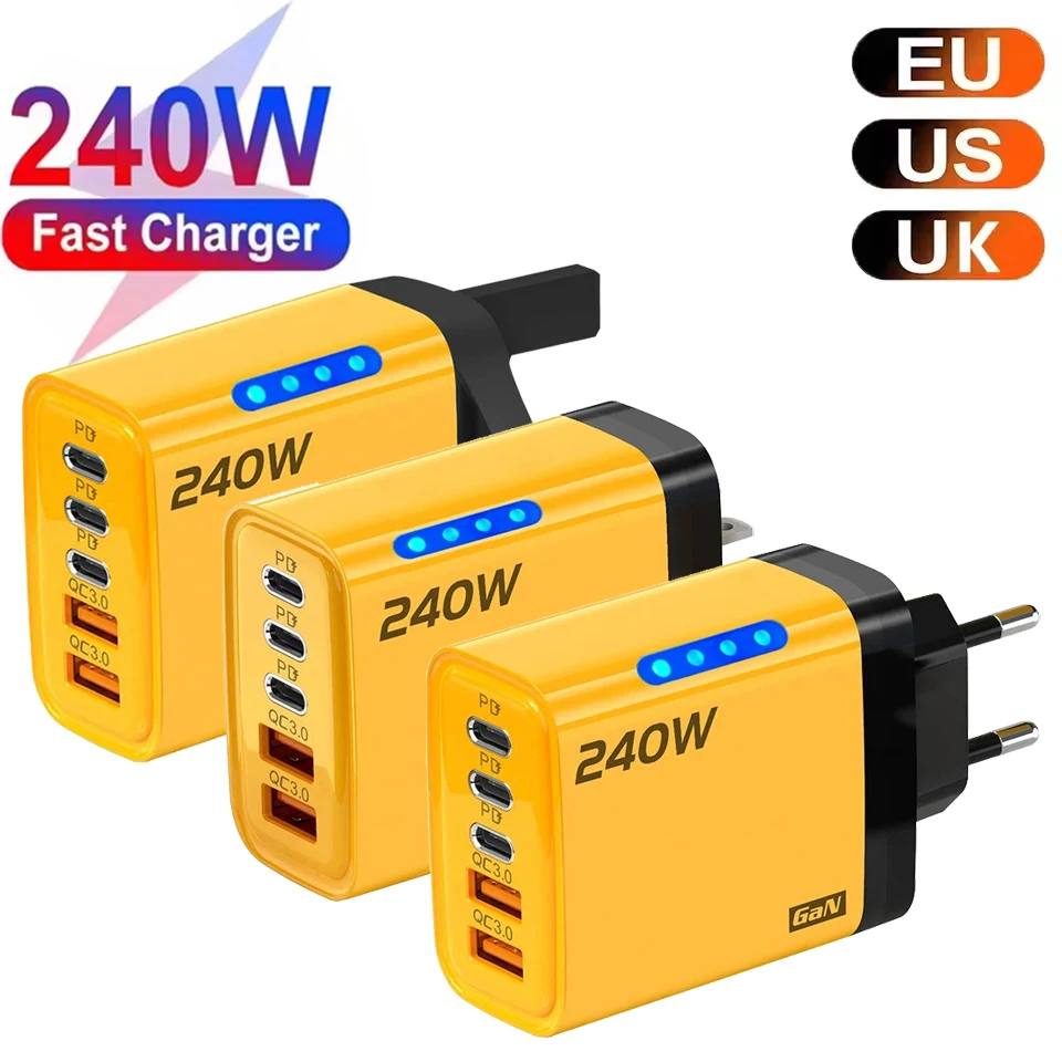 240W GaN 5 Port USB C PD Quick Charge 3.0 Wall Charger with LED Light for iPhone 17 16 15 Samsung Xiaomi Tablet EU US UK Plug