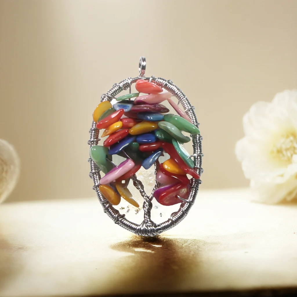 Colorful Shells Chip Make Up life tree Pendant Silver Color Wire Twine Oval Round Pendant For Women Jewelry Accessory
