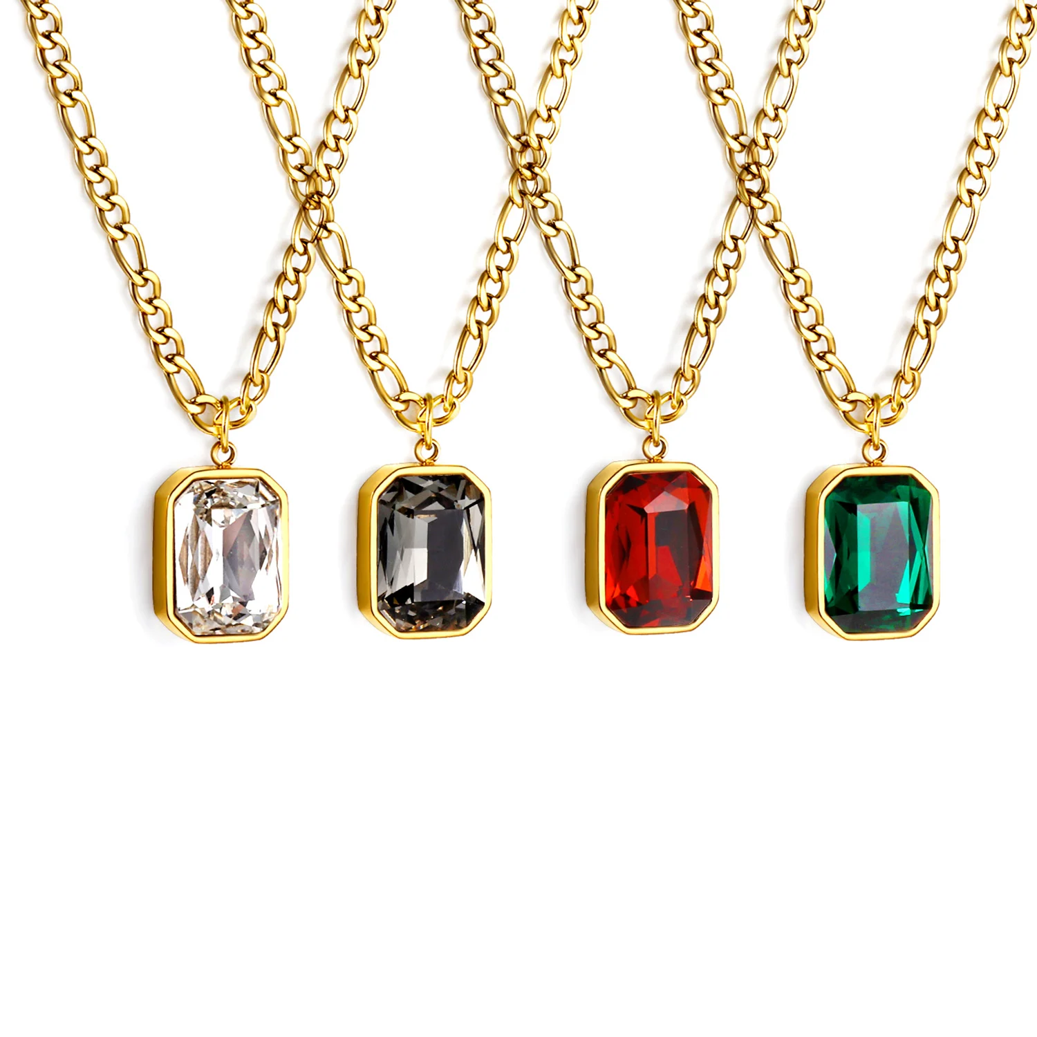 Rectangular Diamond Pendant Necklace Classic Unisex Everyday Wear Design Party Jewelry Stainless Steel Gold-Plated Blade Chain