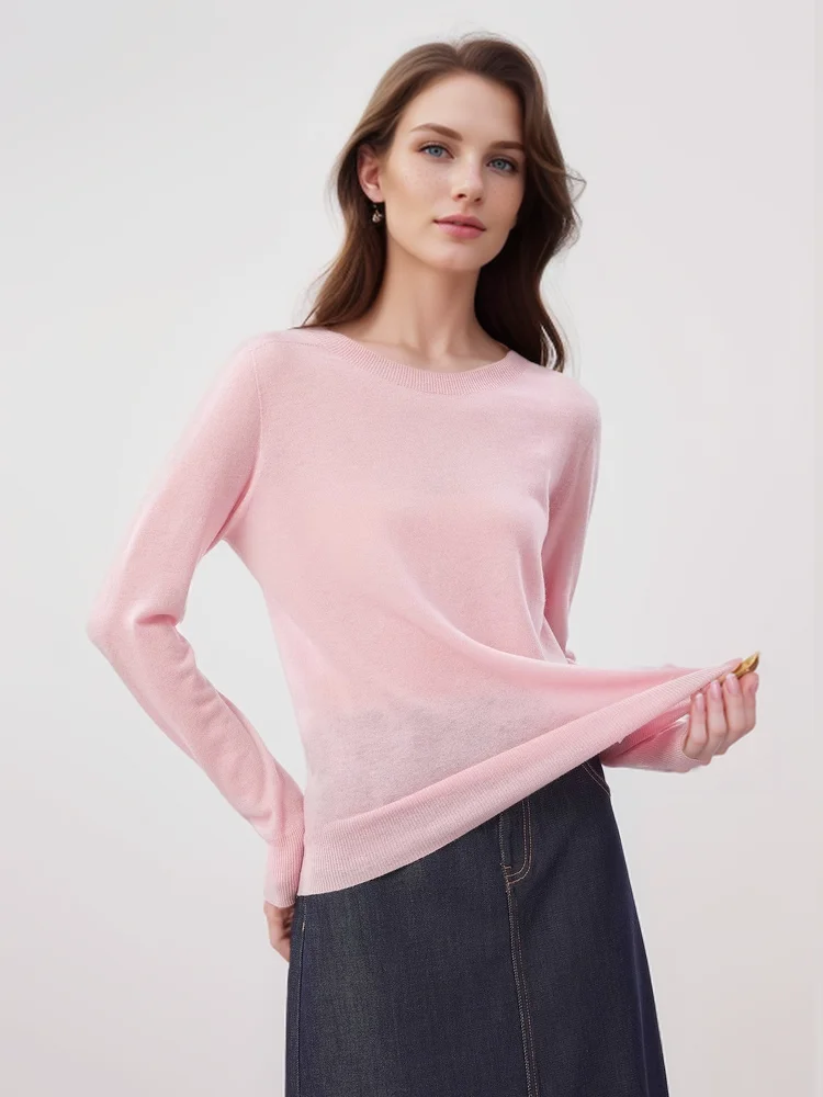 SuyaDream, Women Wool Pullovers, 100%Sheep Wool, Round Collar, Fine Yarn Plain Knit Sweaters, 2024 Fall Winter Basic Top