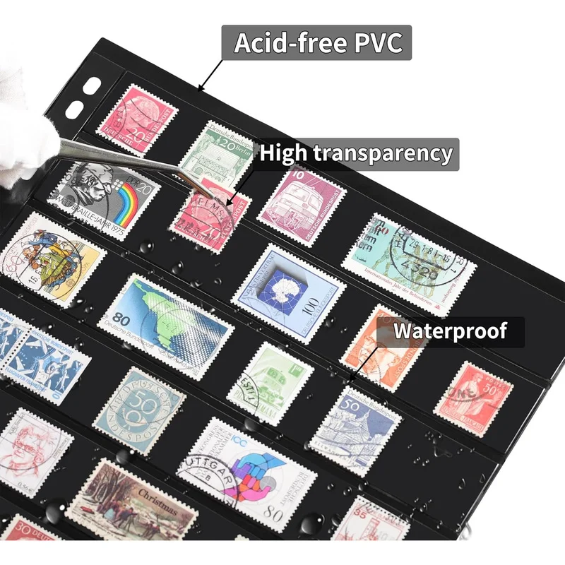 Premium 8-Pocket Stamp Album Pages,5PCS,9-Hole Clear Acid-Free Sleeves for Stamp Binders to Display Collectible Stamps