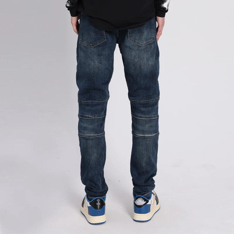 Fashion Streetwear Men Jeans Retro Blue Elastic Slim Fit Spliced Biker Jeans Men Wrinkle Patched Designer Hip Hop Pants Hombre