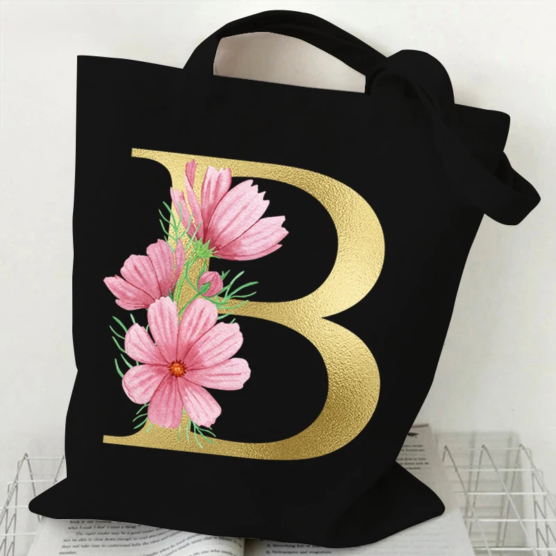 26 Golden Alphabet Floral Tote Bags for Women Large Capacity Canvas Casual New Flower Alphabet Printed Female Reusable Handbag