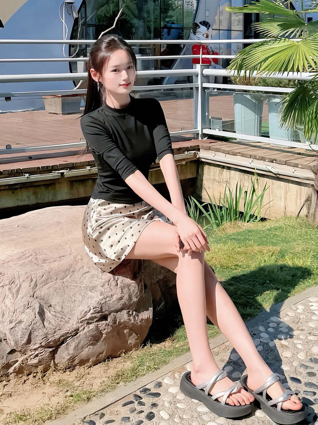 Black Waist-Cinching Midi Dress And T-Shirt Set Women's Fashion Summer 2026 Polka Dot Slimming Effect Business Casual Outfit