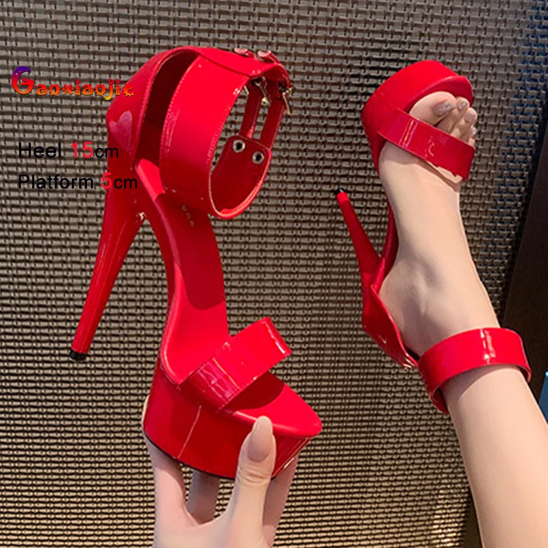 

2026 Summer Red Patent Leather Women Sandals Thin Heels 15cm Platform 5cm Round Toe Ankle Buckle Straps Ladies Pumps Party Shoes