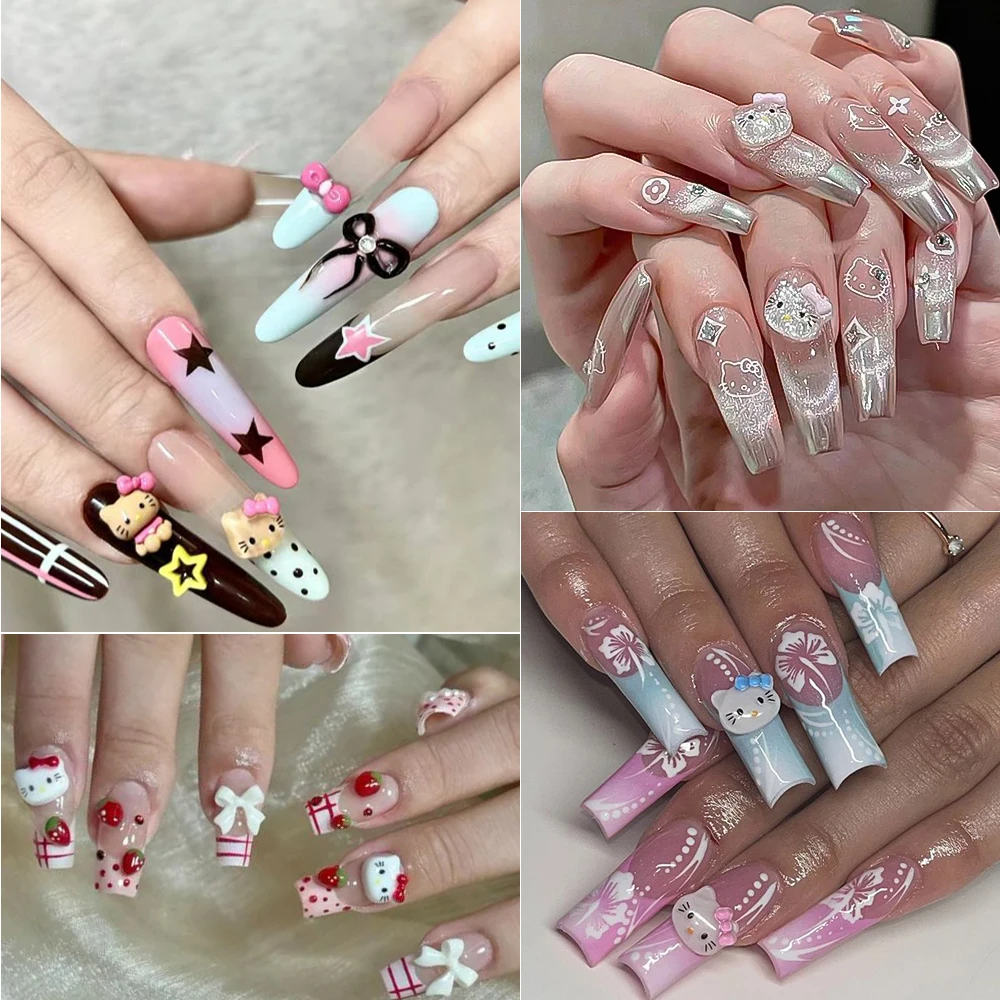 12/24grids 3D Mixed Cartoon Glitter Hello Kitty Head Nail Charms Pink/Blue/Red Bow Kawaii Kitty Nail Rhinestone DIY Nail KT Part