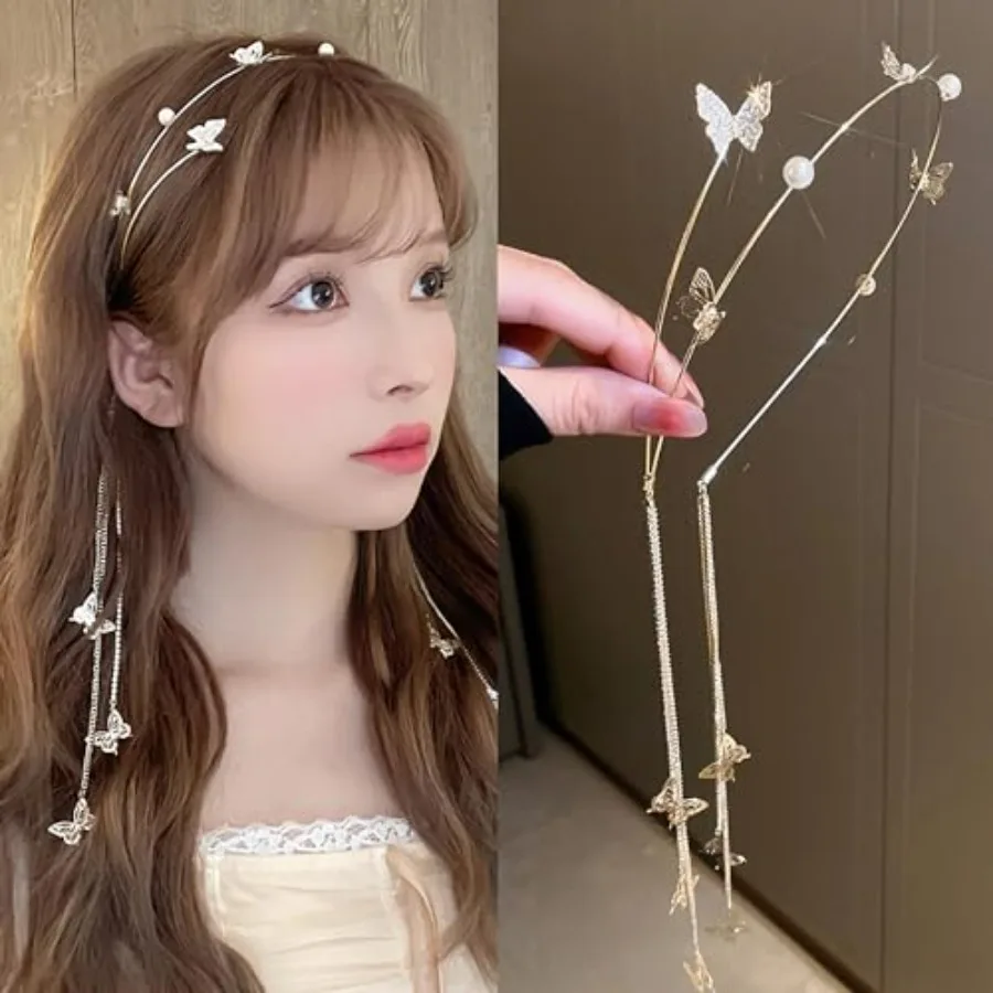 

Wedding Pearl Butterfly Headband Gold Crystal Tassel Hair Hoop Band Vintage Headwear Bridal Wedding Hair Accessories for Women