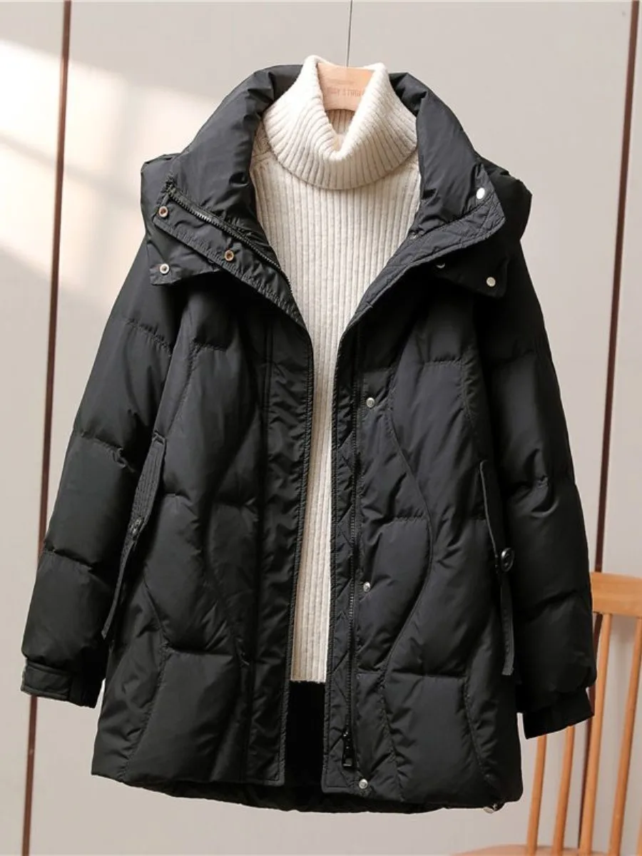 

White Duck down Winter New Style Women's Mid-Length Hooded Jacket Elegant Coat Small Size with Ear Covers Loose Fit