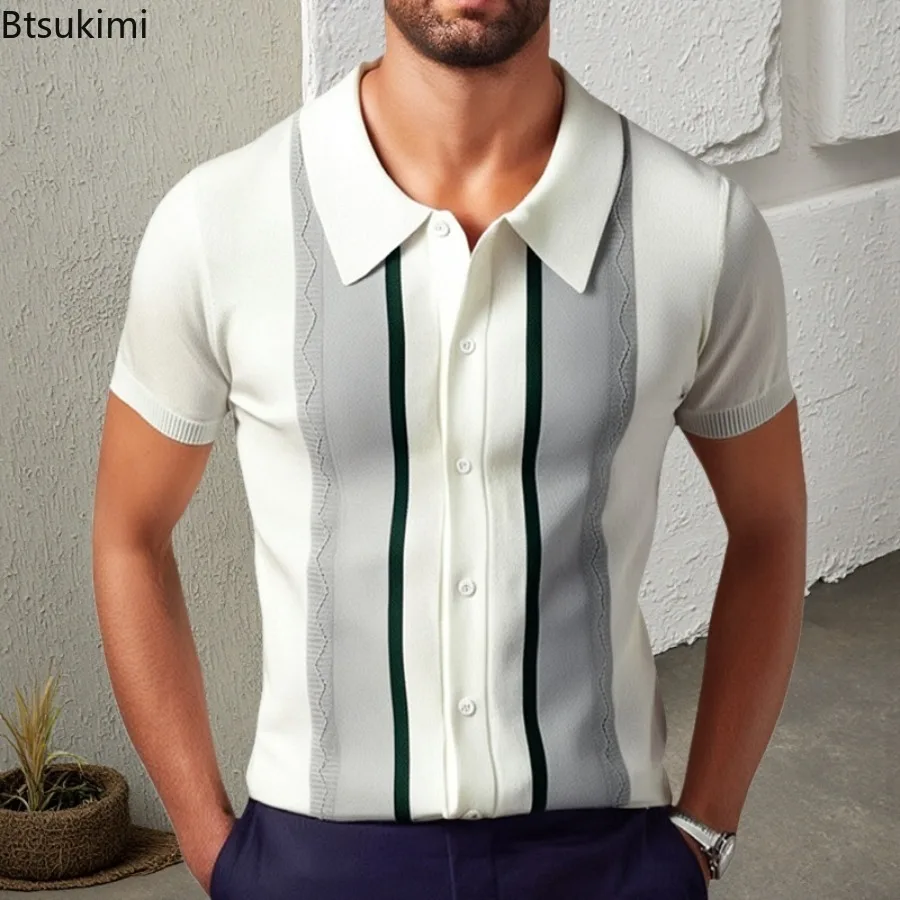 

Summer New Men's Striped Short Sleeve Knitted Shirt Fashion Casual Business Polo Shirt Man Comfy Breathable Sport Tops Golf Wear