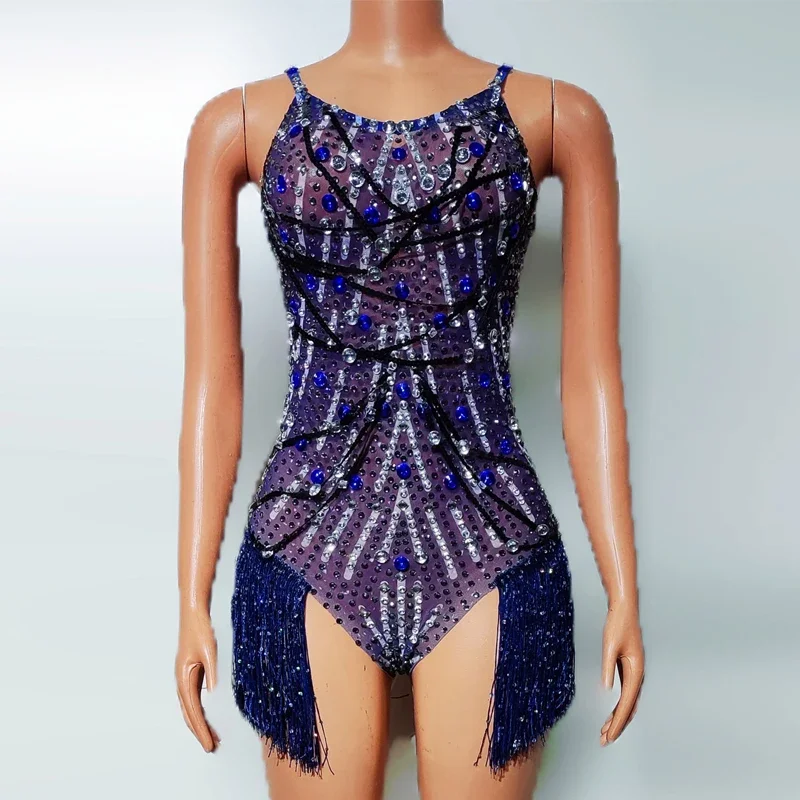 Blue Rhinestones Bodysuit Group Party Pole Dance Clothing Rave Outfit Bar Nightclub Dj Ds Gogo Dancer Costume XS9096