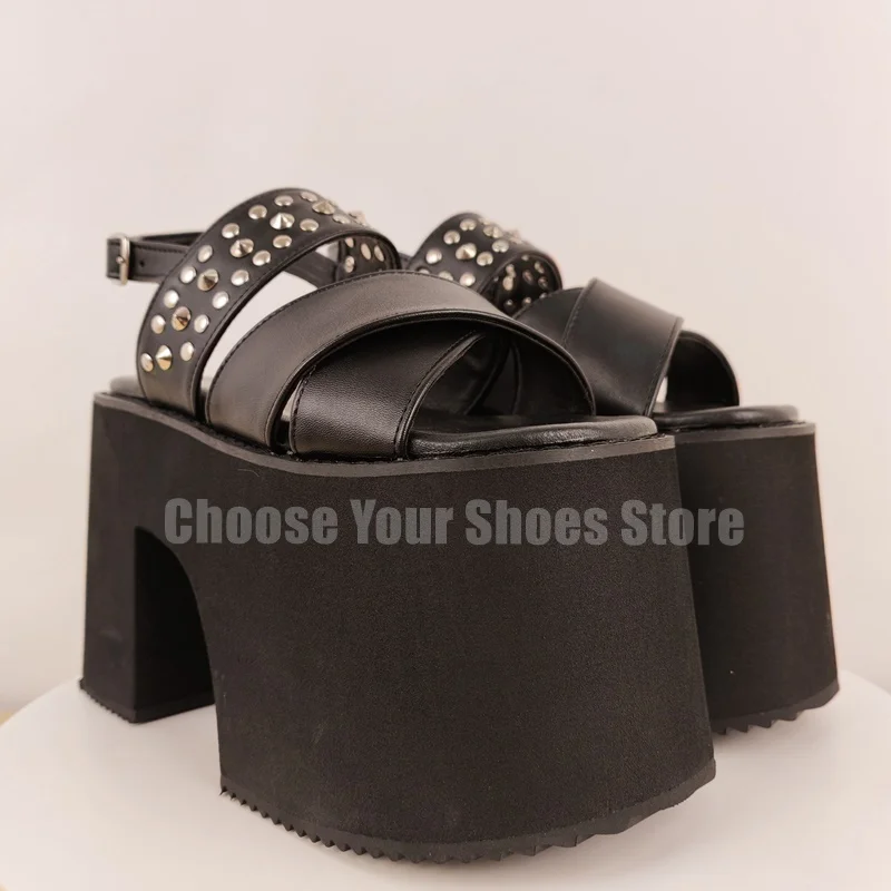 Rivets Design Black Open Toe Platform Sandals Buckle Strap Women Shoes Chunky High Heels Party Dating 2025 Zapatos Para Mujere