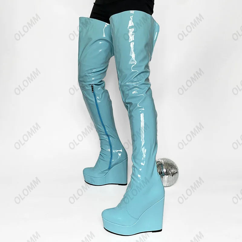 Olomm 2022 Handmade Women Platform Thigh Boots Patent Wedges Heels Round Toe Beautiful Green Shoes Ladies Plus US Size 5-20