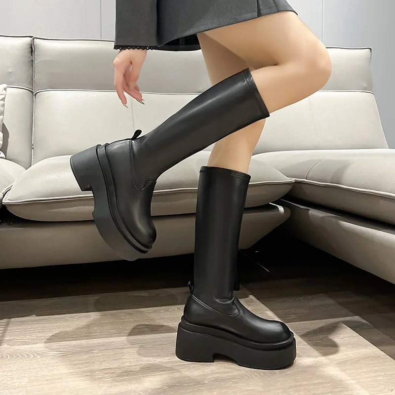 CICIYANG-Botas até o joelho para mulheres, couro genuíno, salto alto plataforma, botas de equitação de tubo, botas de motocicleta para senhoras, outono, 24, 2020