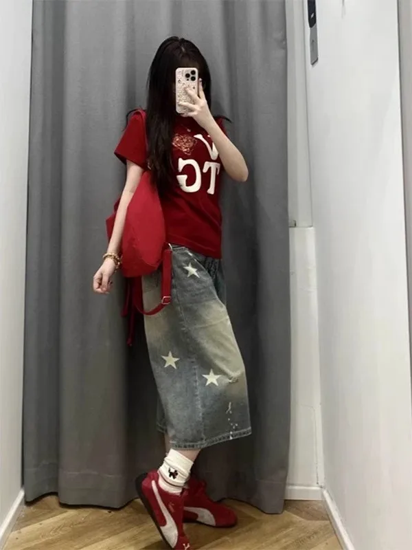 بنطلون جينز نسائي واسع الساق بخصر مرتفع ومقاسات كبيرة، تصميم جديد للصيف مع طباعة نجوم، سروال مستقيم متوسط الطول بقصة فضفاضة