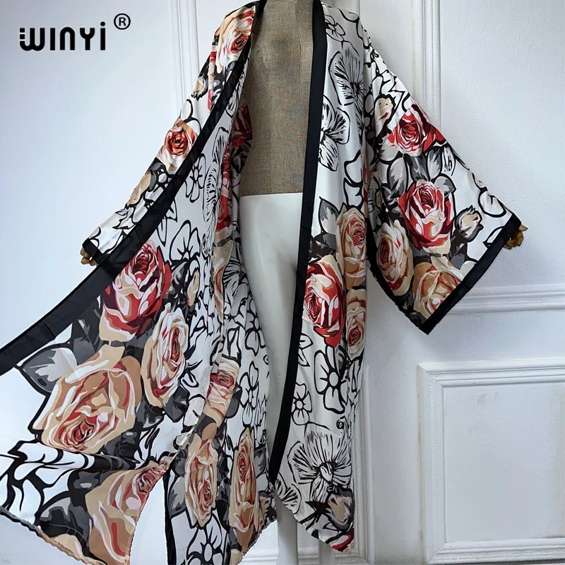 Winyi Frauen Boho Print Kimonos afrikanische Kleider für Frauen Strickjacken Strand Outfits Kaftan Strand vertuschen Abendkleid Maxi Mantel