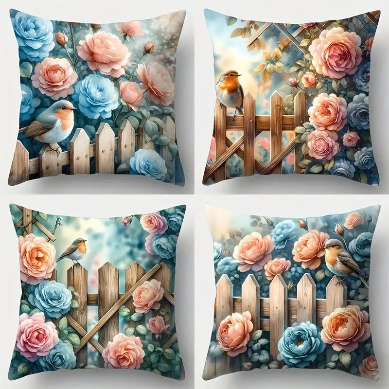 

Наволочка с рисунком пастельных роз и птиц — наволочка с дизайном в стиле рустик для уютного декора коттеджа