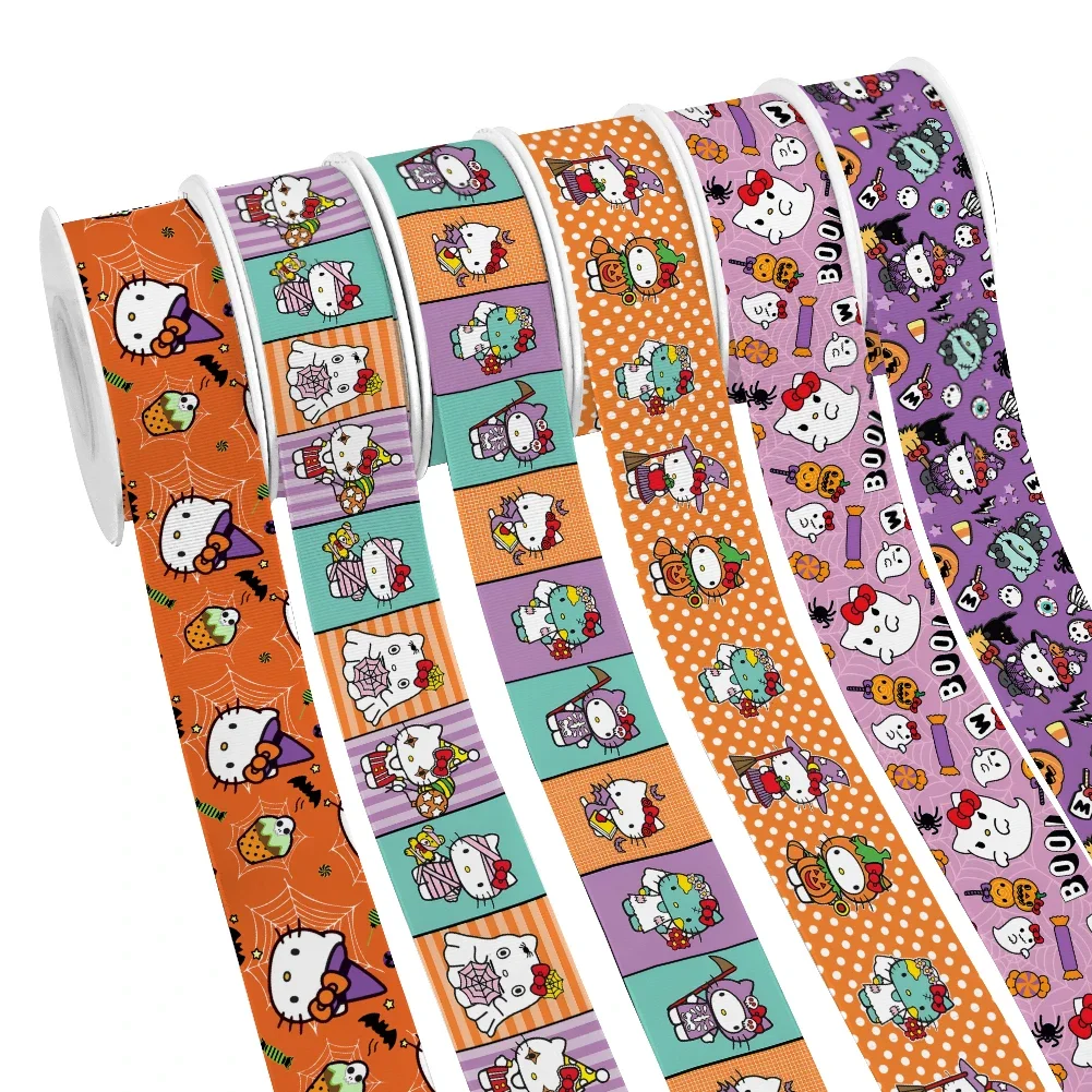 Hello Kitty Printed Sanrio Halloween Grosgrain Satin Ribbon For Hair Bows Headwear Cartoon Ribbons 10 Yards