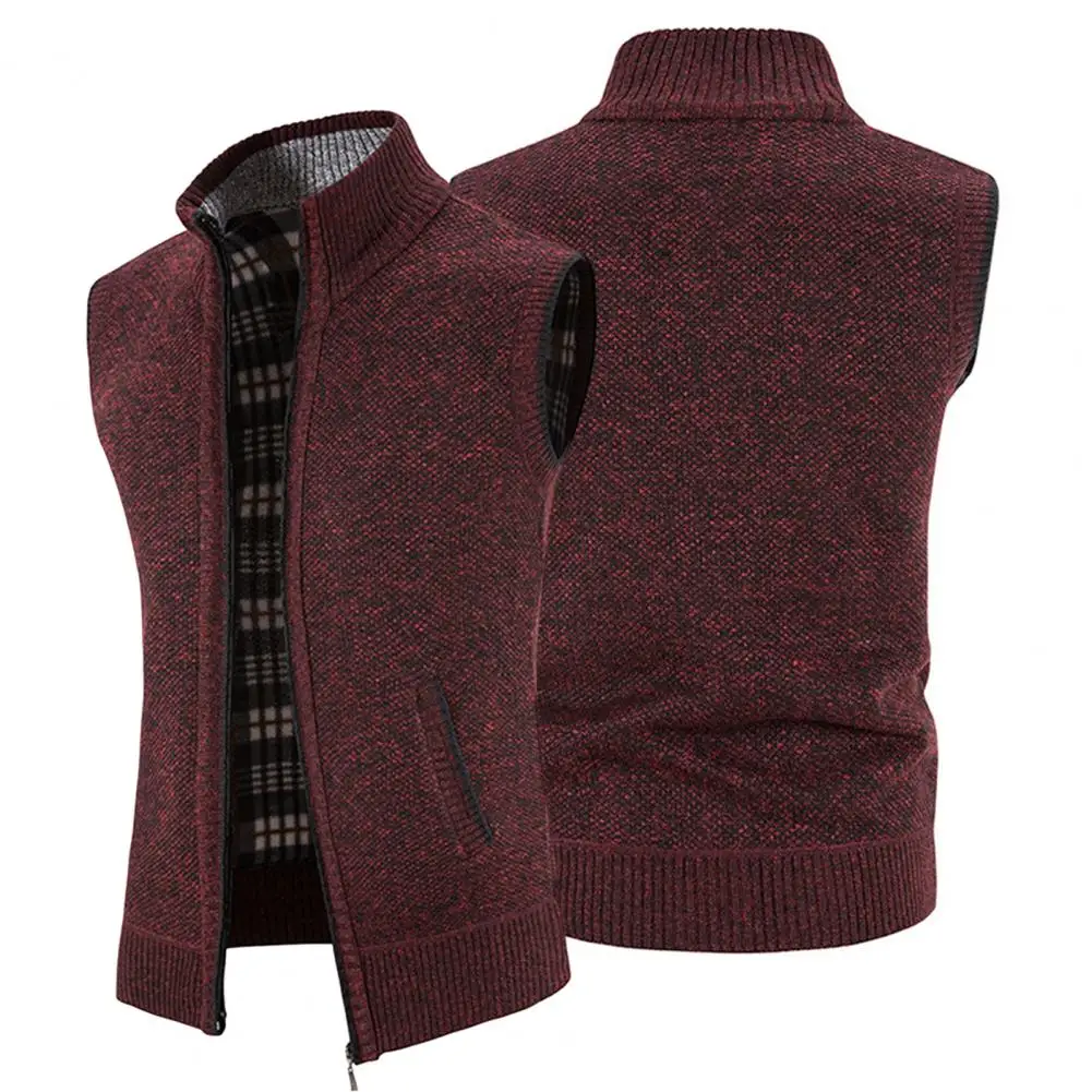 Knitted Cardigan Vest Soft Male Outerwear Stand Collar Men Winter Solid Thickened Fleece Lining Knitting Waistcoat Warm