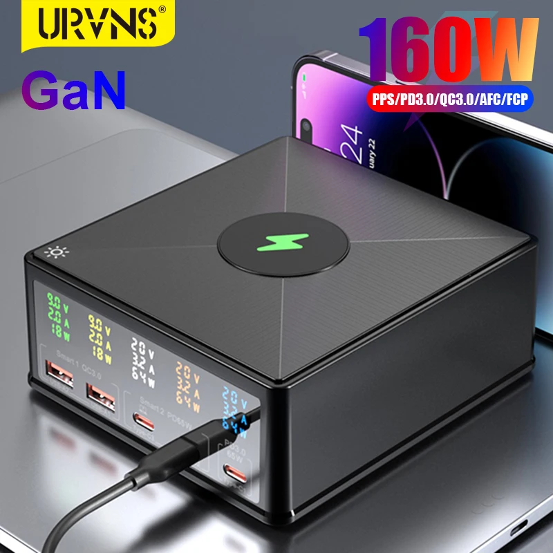 URVNS 160W USB C GaN Charger Wireless Charger PD3.0 QC3.0 PPS 5-Port Fast Charging for MacBook Pro iPhone 15 14 Samsung Laptop