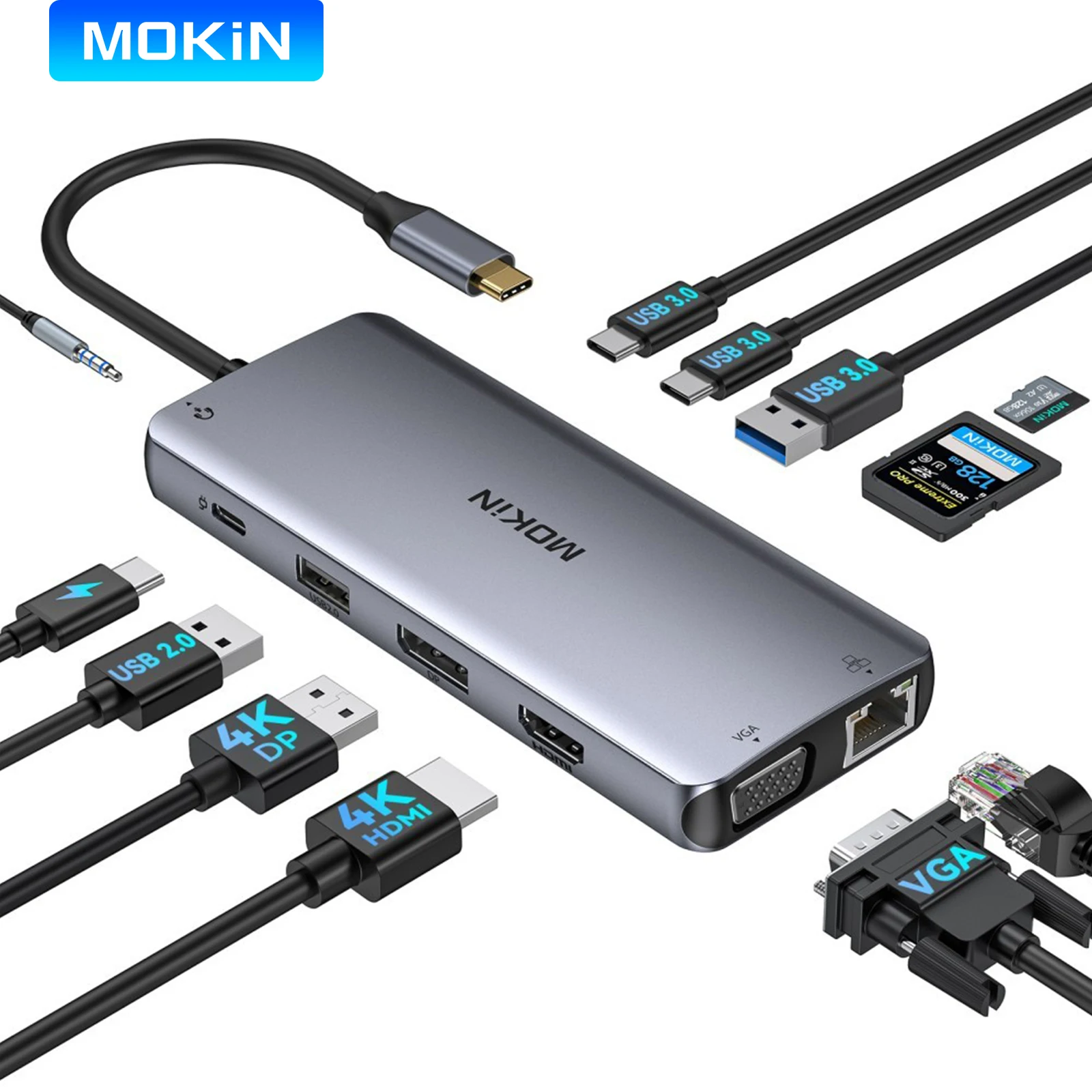 

MOKiN 12-в-1 USB-концентратор типа C для док-станции 4K HDMI DP VGA USB3.0 RJ45 PD 100 Вт для ноутбуков MacBook Air/Pro iPad M1/M2