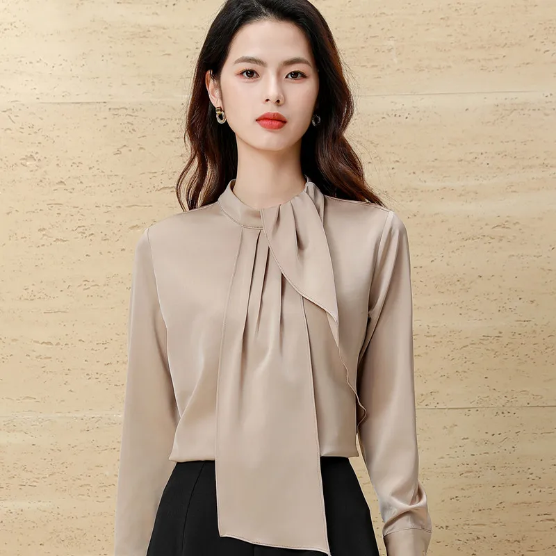 Naviu Champagne Ruffles Shirt Women New Spring Elegant Temperament Long Sleeve Chiffon Blouses Office Ladies Work Tops White