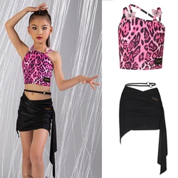 2023 Children'S Latin Dance Competition Clothes Girls Pink Leopard Top Latin Skirts Chacha Rumba Latin Dance Costume SL8174