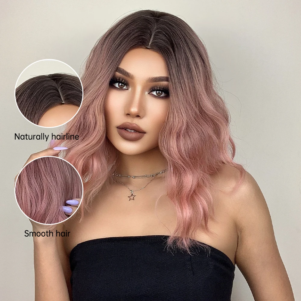 LOUIS FERRE Short Pink Bob Wavy Wigs Ombre Pink Curly Synthetic Wig Shoulder Length Cosplay Lolita Cute Fake Hair Heat Resistant