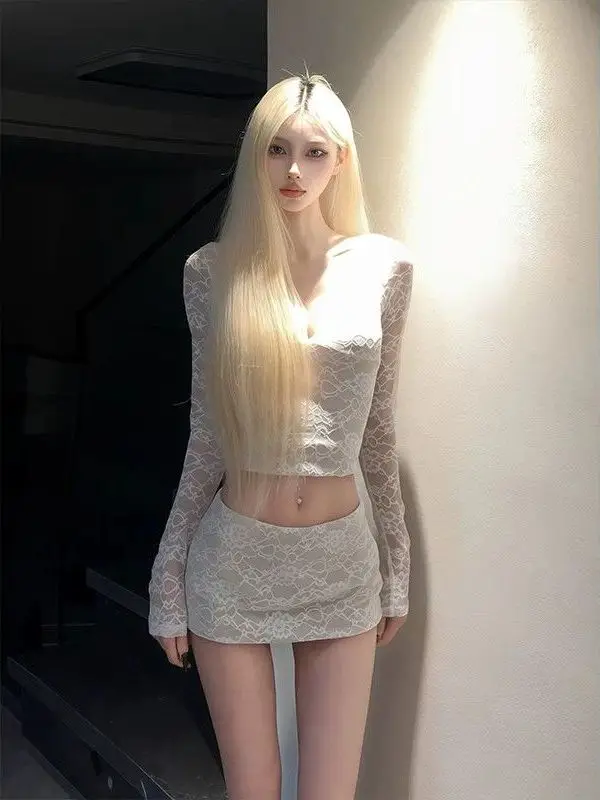 Fashionable Lace High Waist Short Sleeve Women's Outfit Two Piece Set Pure Desire Stylish Dressing Autumn Initial Hot Girl