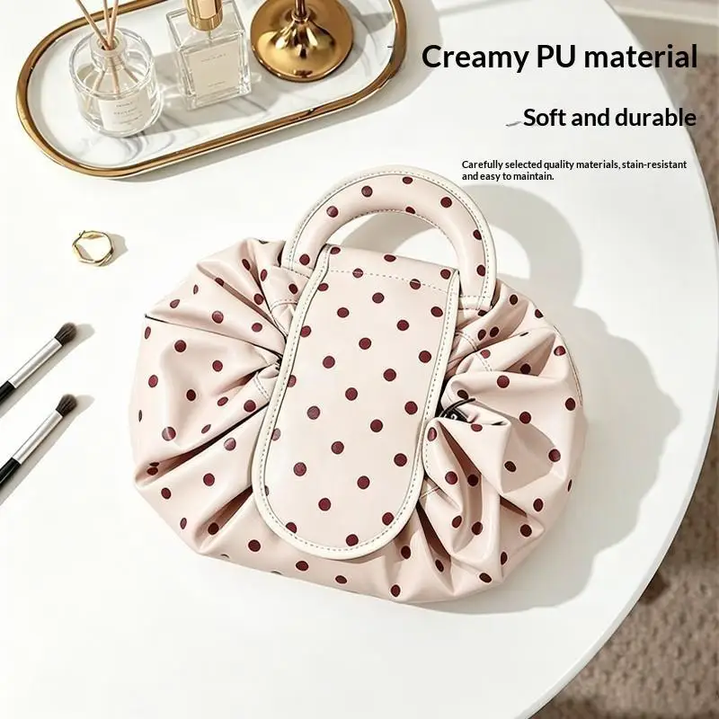 Drawstring PU Cosmetic Bag Handheld Travel Wash Pouch Portable Toiletry Organizer Large Capacity Makeup Storage Handbag Gift