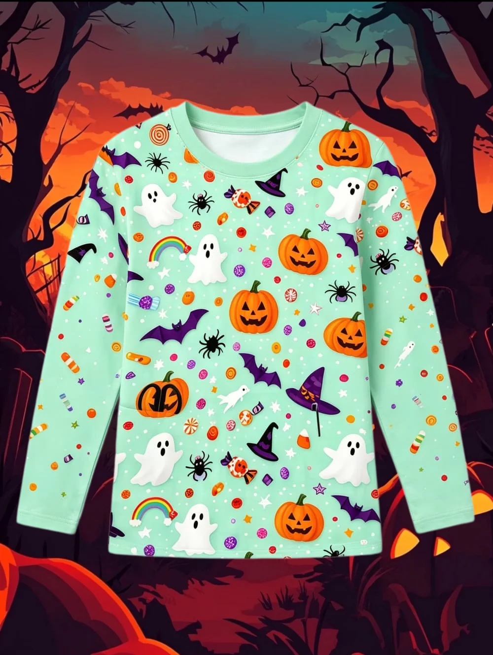 Halloween Skull Pumpkin Print Girl's T-Shirt Pullover Autumn Casual Long Sleeve Top Round Neck Holiday Party Children's Clothing