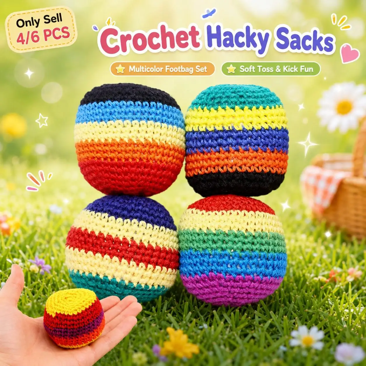 4/6 Piece Set of Fun Crocheted Hacky Sacks —Multicolored Crochet Juggling Balls, Assorted-Color Soft Kickballs, Durable Footbags