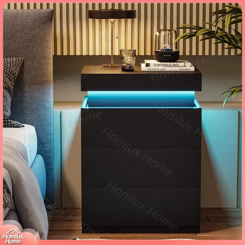 Modern LED Light Bedside Table with Sliding Top 3 Drawers Charging Station USB Port Power Outlet Bedroom Furniture Nightstand