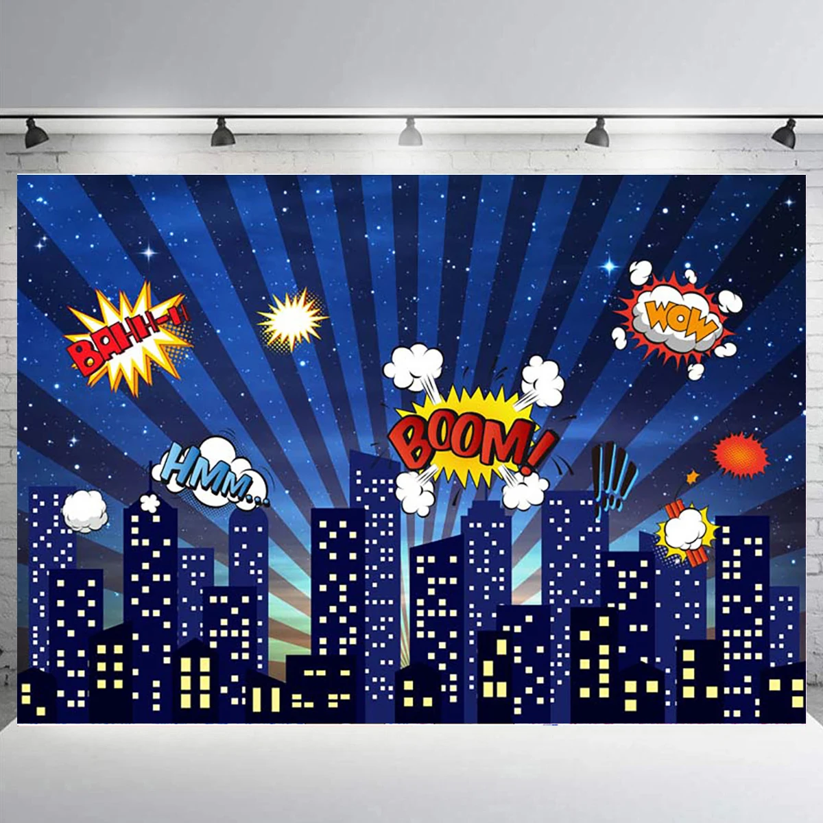 Superhero Themed Birthday Party Backdrop Photo Booth  Night Sky Glitter Stars City Buildings Kids Cartoon Photography