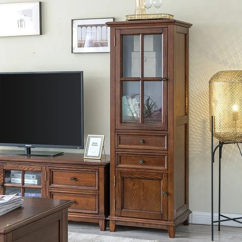 

American pure solid wood wine cabinet glass all log tall and short display cabinet