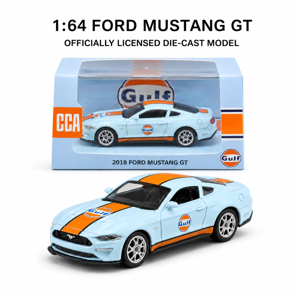 CCA 1/64 Ford Mustang GT Gulf Racing Diecast Toy Car Model with Display Box Free Wheels Collection Miniature Gift Boyfriend