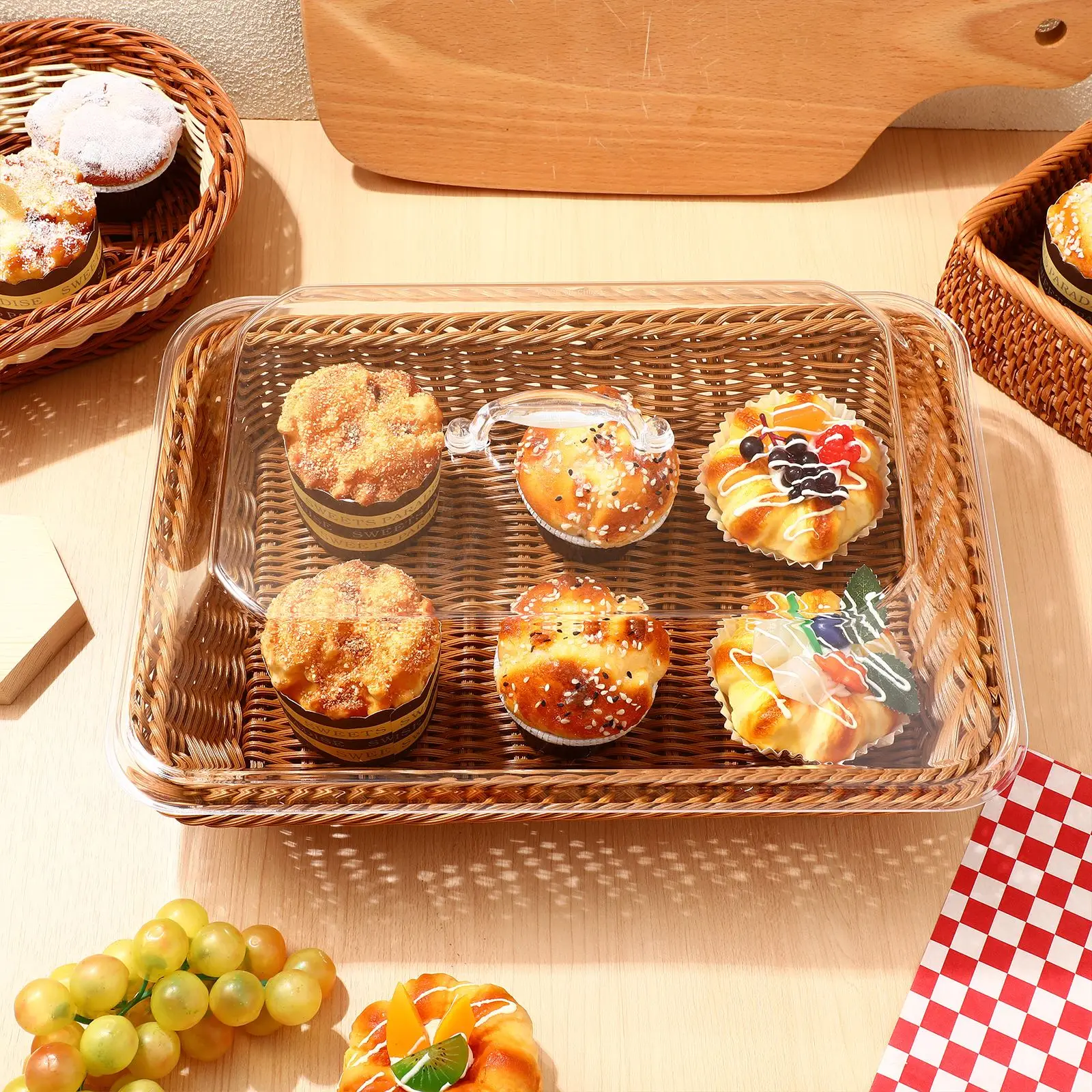 Tapa de cesta tejida de mimbre de imitación, cestas simuladas para servir pan de verduras, contenedores de almacenamiento acrílicos para el hogar,