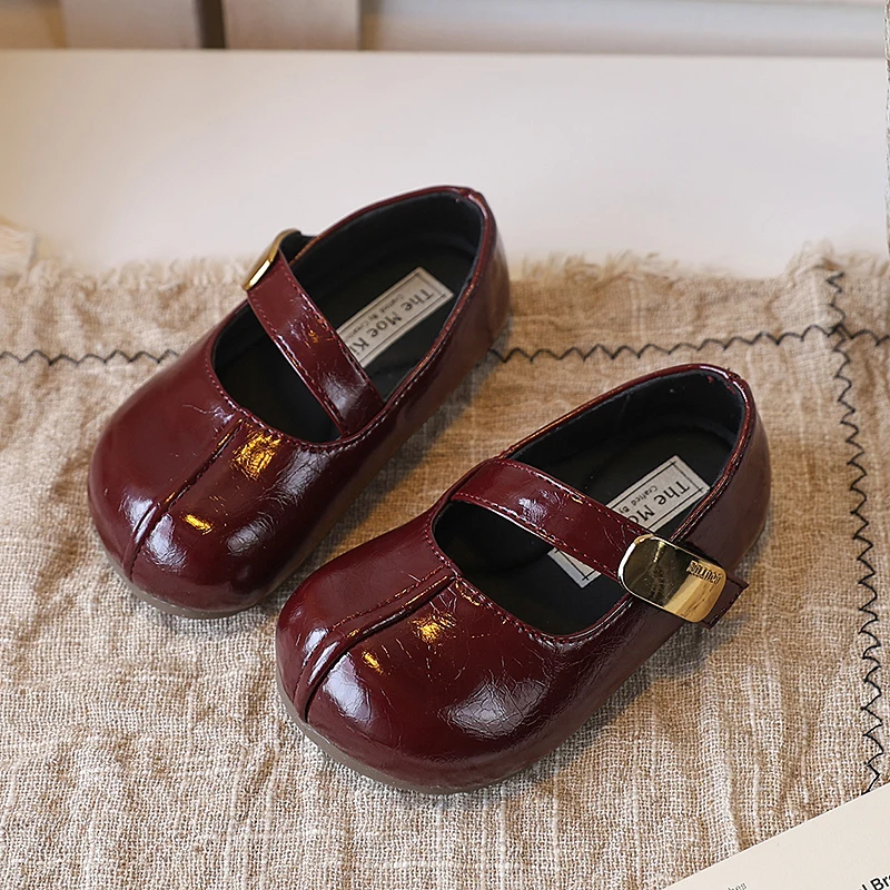Fashion Design Girls Shoes Spring Autumn Children Shoes School Little Girl Flats Soft PU Leather Shoes Silver Wine Red Beige