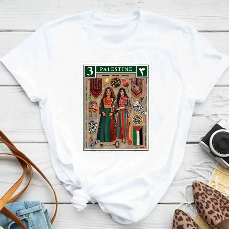 Funny Graphic Print Harajuku Palestine Stamp Retro T-Shirt Women Vintage Casual Clothing Streetwear T-Shirts Tops Tees for Gift