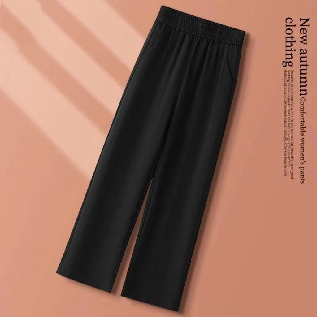 Casual Elastic Waist Straight Suit Pants Women Summer Thin Ice Silk Wide  Leg Pants Office Ladies All-Match Solid Linen Trousers - AliExpress