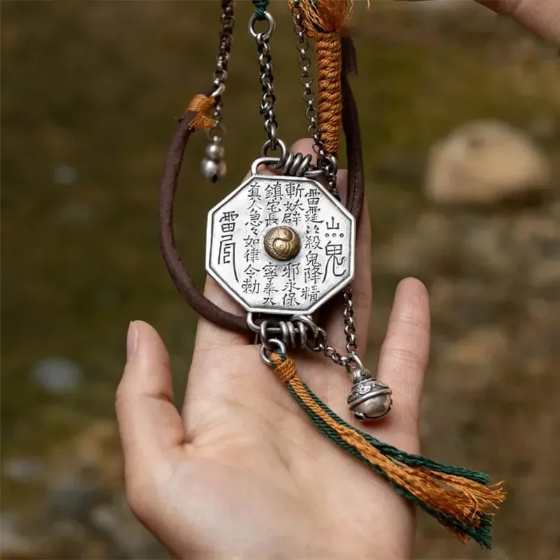 Chinese Vintage Octagonal Bagua Coin Pendant Necklace Antique Silver Leather Cord Tassel Bell Retro Ethnic Statement Necklace