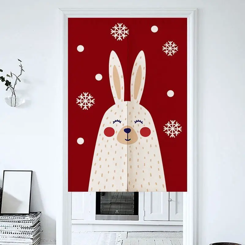 VIKAMA Christmas Bunny Snowflake Door Curtain Scarlet White Rabbit Face Dot Cheek Kitchen Dining Entryway Party Decoration Soft