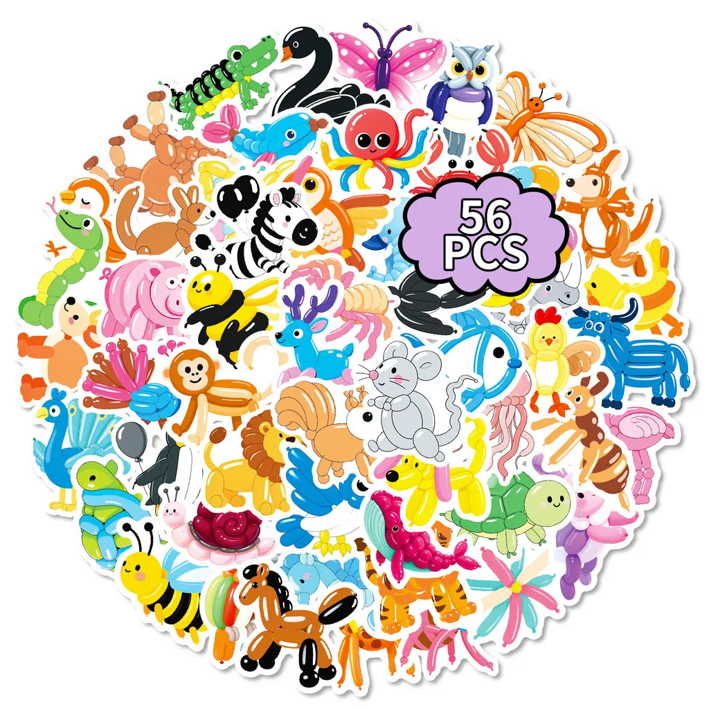 56Pcs Colorful Balloon Animal Doodle Stickers, Cute Fun 3D Decals for Journal & Gift DIY Decor AnimeWorlds Store