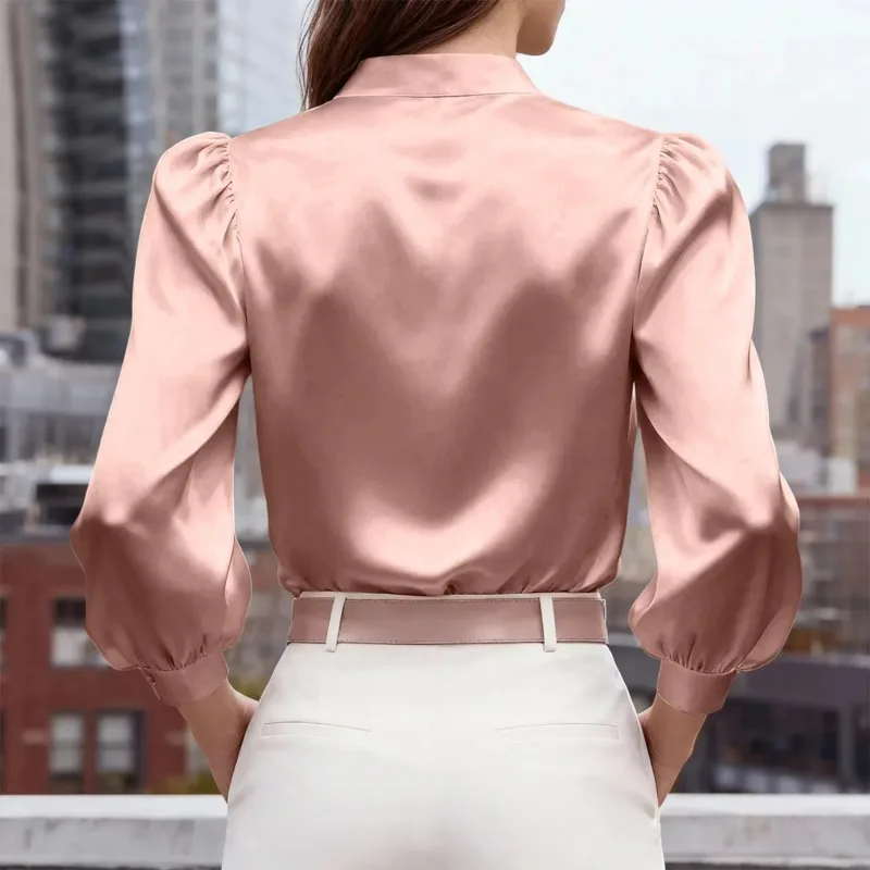 Women's Satin Shirt V-neck Long-sleeved Casual Shirts Fashionable and Elegant Commuting Shirt,Solid Color Minimalist Design