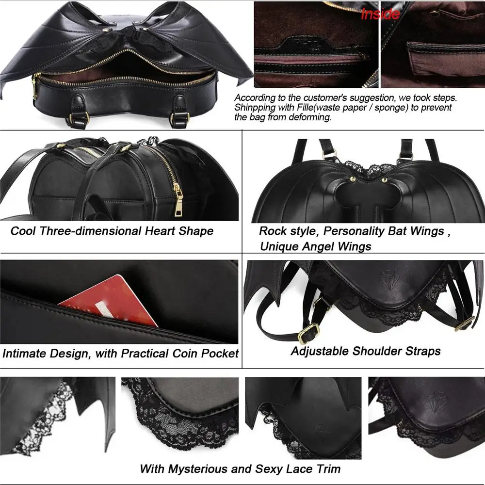 Mochila Halloween Bat Wings para mulheres, alça de ombro ajustável, couro PU, anjo preto, coração, bolsa Lolita