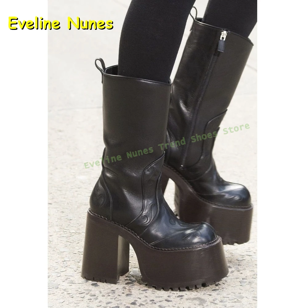 Embroidery Platform Knee High Boots Round Toe Height Increasing Zipper Closure Women Catwalk Fashion Shoes 2025 New Style Trend