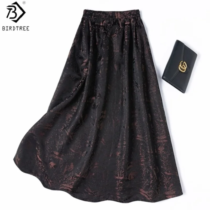 

Birdtree 100% Mulberry Silk Skirt,Women Jacquard Satin Elastic Waist Black Elegant Loose Flared Skirts,Summer 2025 New D56904JF