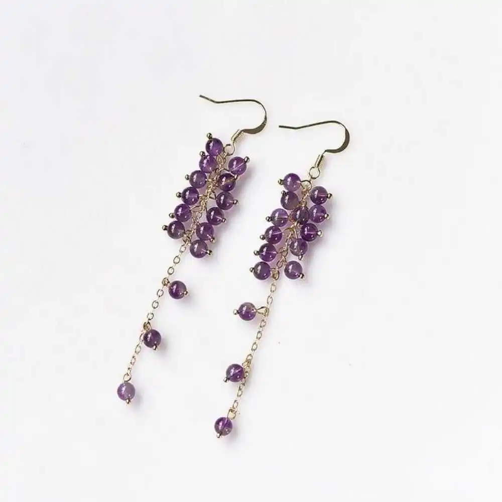 6MM Natural Amethyst Beads Earrings Grapes Hook Chain Eardrop Party Wedding Beautiful Women Prayer