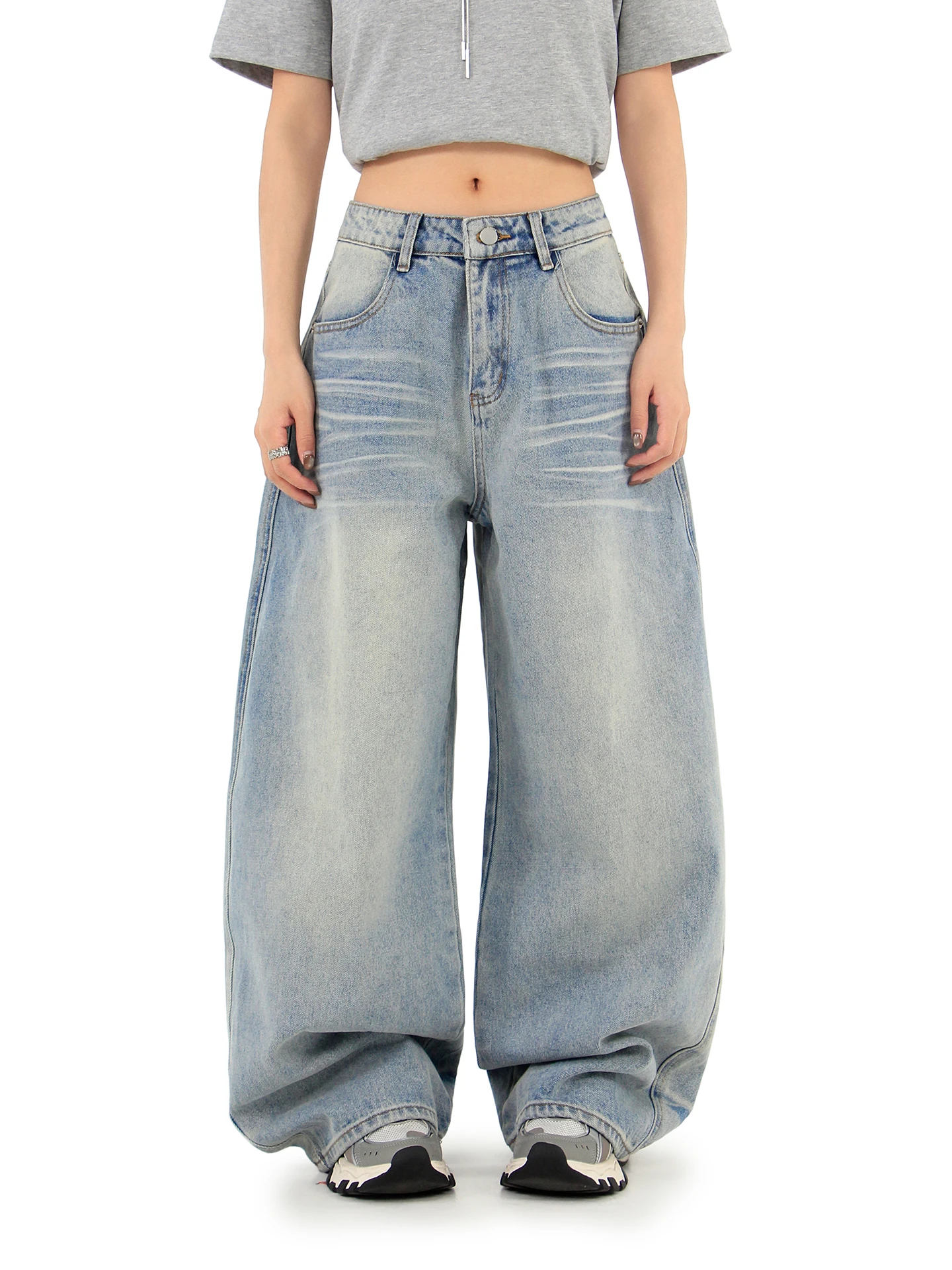 

Hygge Chen American Retro Pattern Waed Wide Leg Jeans ex Casual Long Pants Vintage Sle l Waist Zipper Closure