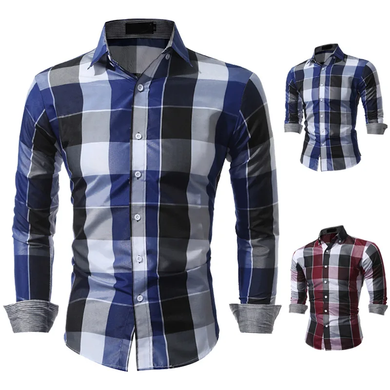 Primavera otoño nueva camisa de moda de manga larga con cuello vuelto para hombre High Street estampado a cuadros botón Patchwork Cardigan Top de oficina