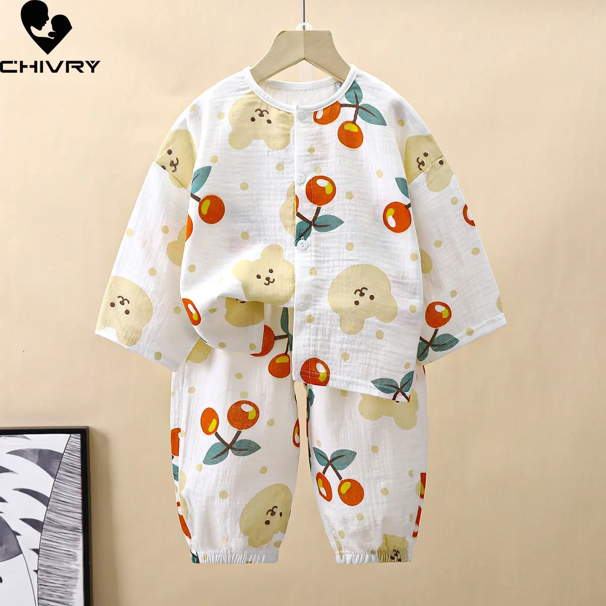 

Kids Summer Thin Pajamas Sets New 2023 Boys Girls Cartoon Three-quarter Sleeve Cotton Yarn Shirt Tops with Pants Baby Loungewear